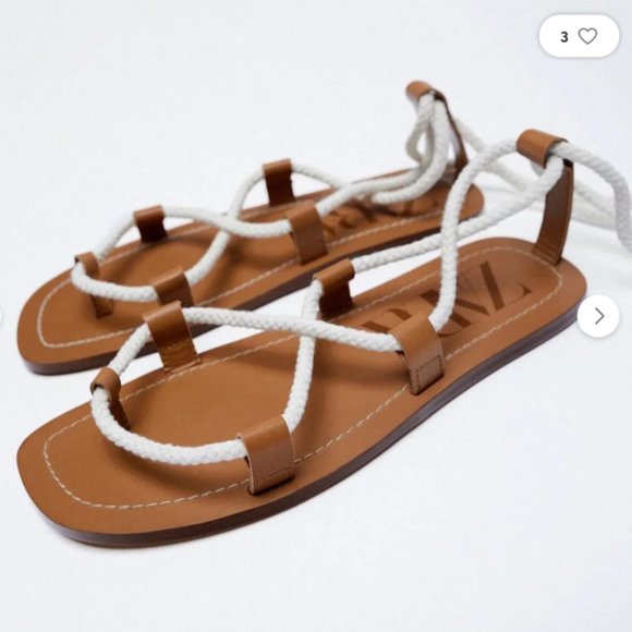 Zara Leather White Rope Strappy Gladiator Square-Toe Flats Sandals (NWT) - Picture 6 of 6